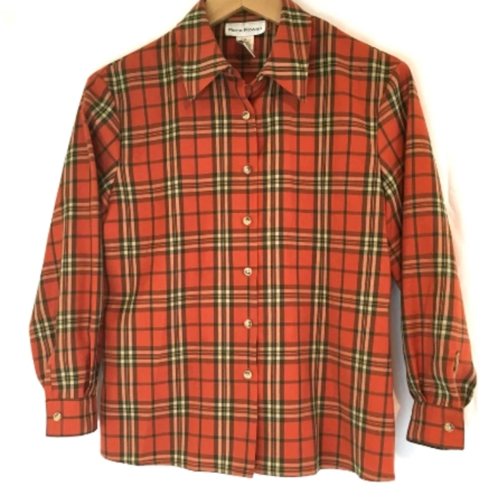 VINTAGE Plaid Orange Button Down Blouse